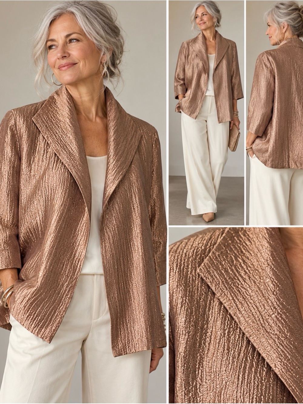 Eileen Fisher Silk Rose Gold Metallic Textured Open Front Jacket XL